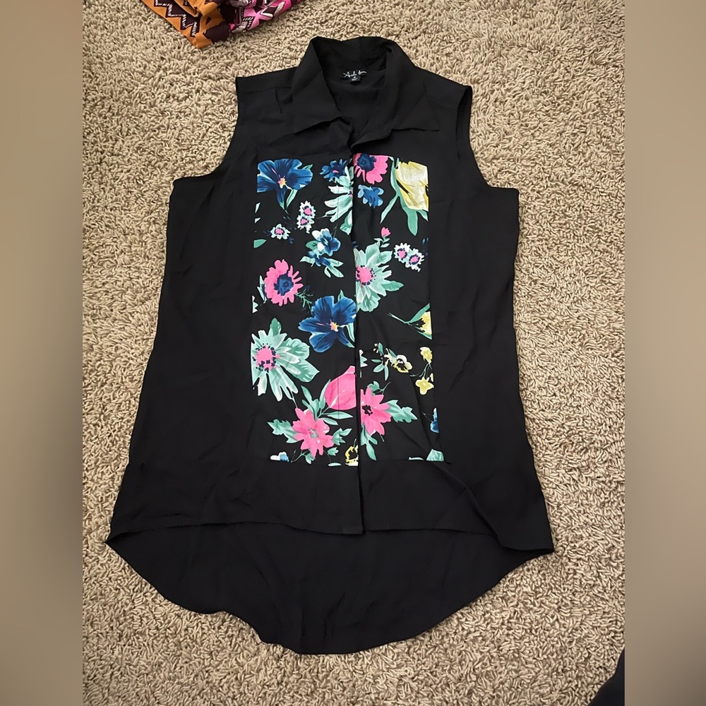 Antilia Femme Black Sleeveless Top with Bright Floral Panel